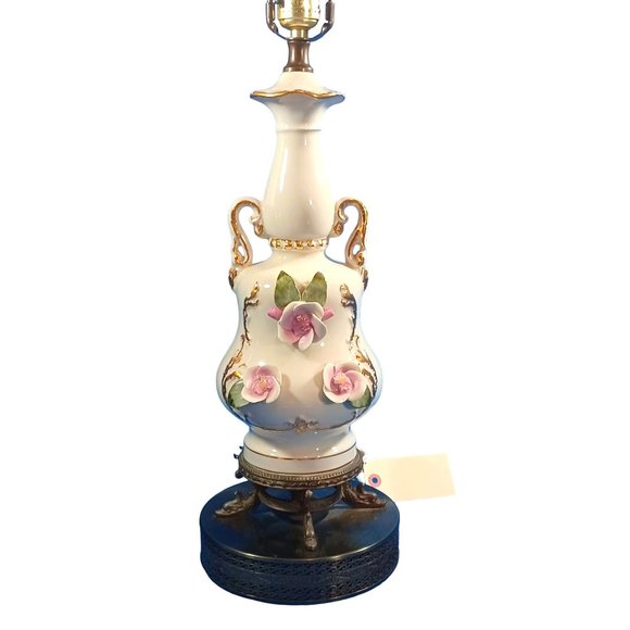 Vintage Rose 28" Capodimonte ? Amphora Vase Floral 22k Gold Porcelain Table Lamp - Picture 3 of 9